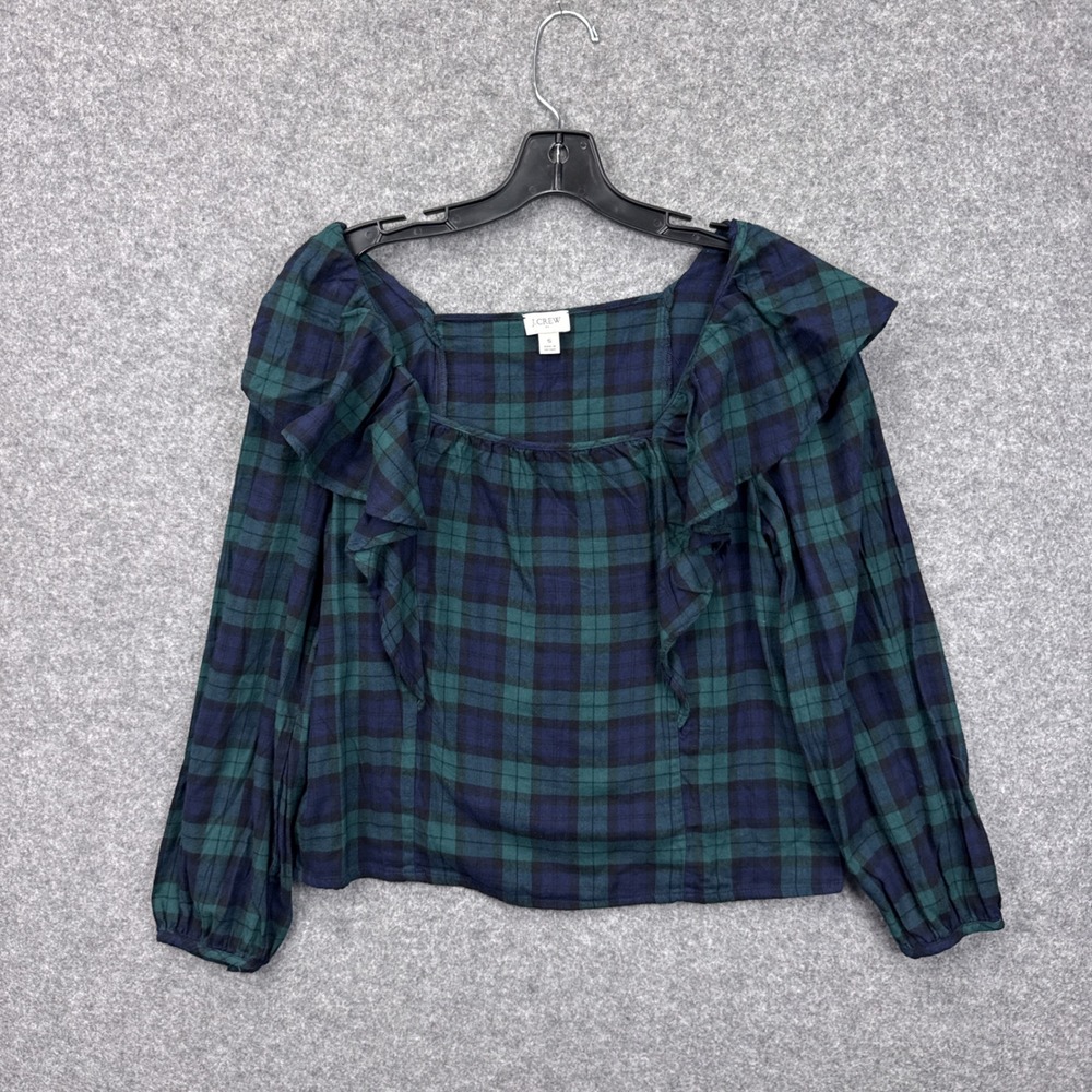 J.Crew Womens Navy Green Black Watch Plaid Ruffle Square Neck‎ Blouse Small S